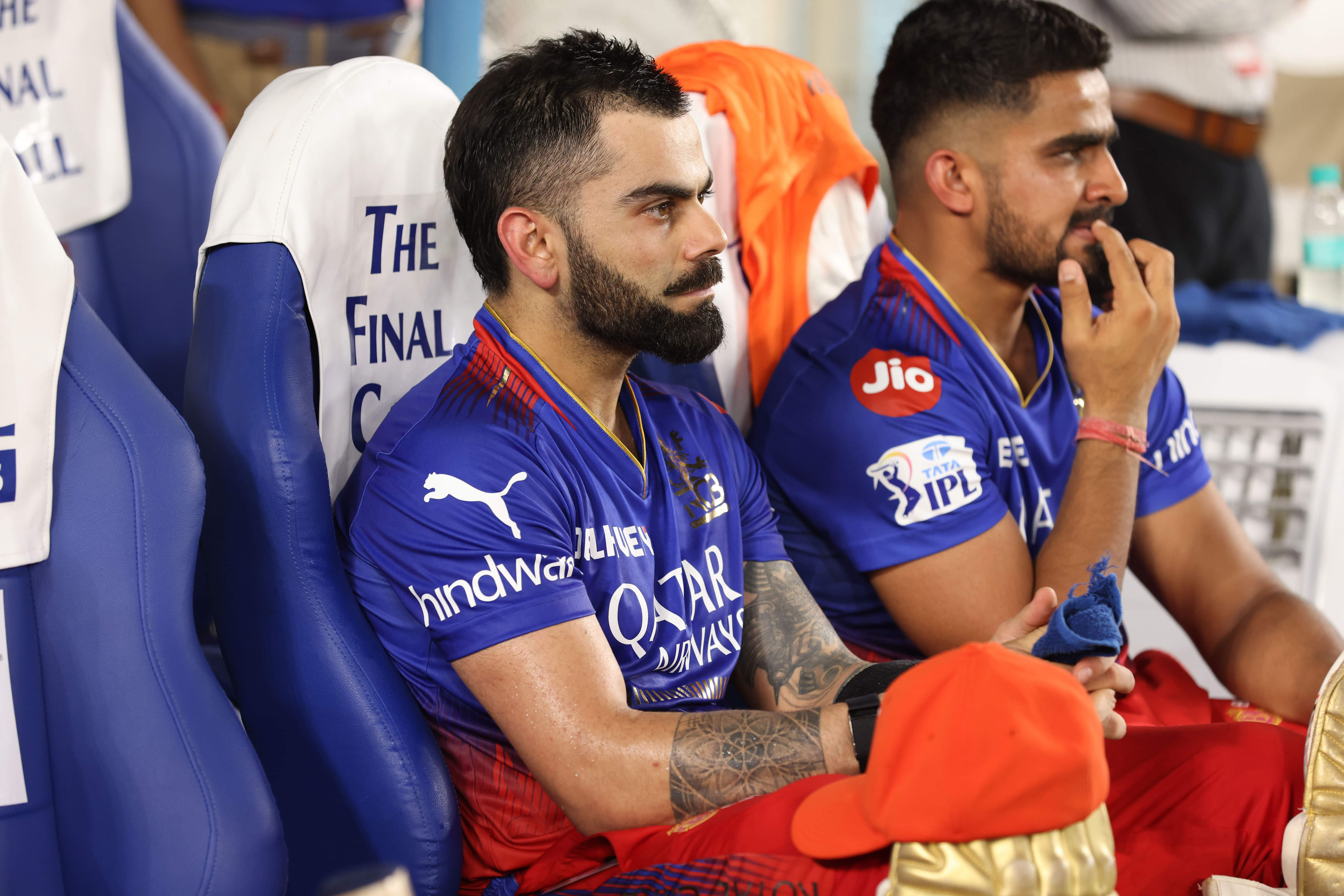 Virat Kohli of Royal Challengers Bengaluru sitting in the dugout during the Eliminator clash against Rajasthan Royals in IPL 2024