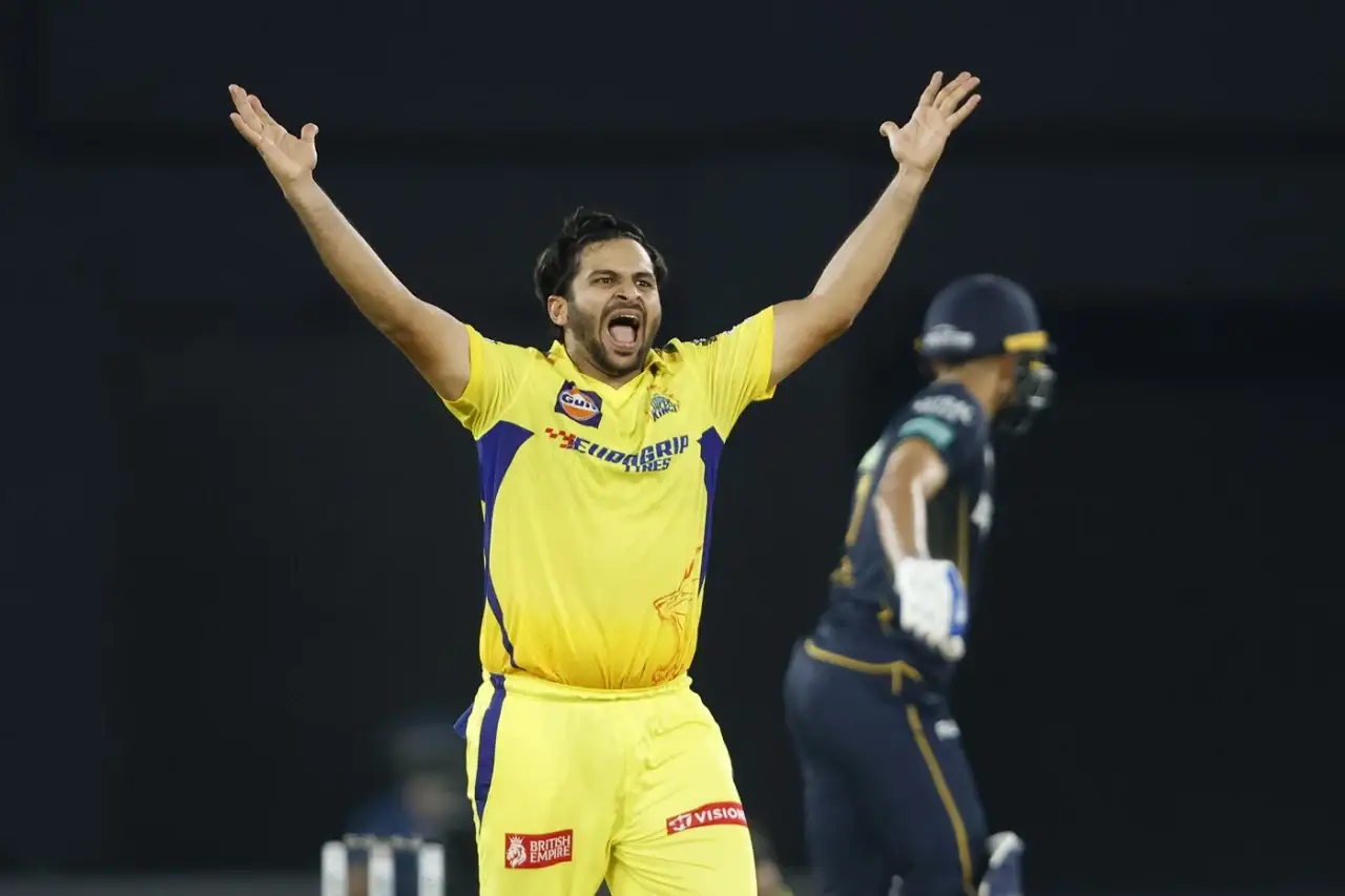 Shardul Thakur celebrates after taking a wicket for Chennai Super Kings.