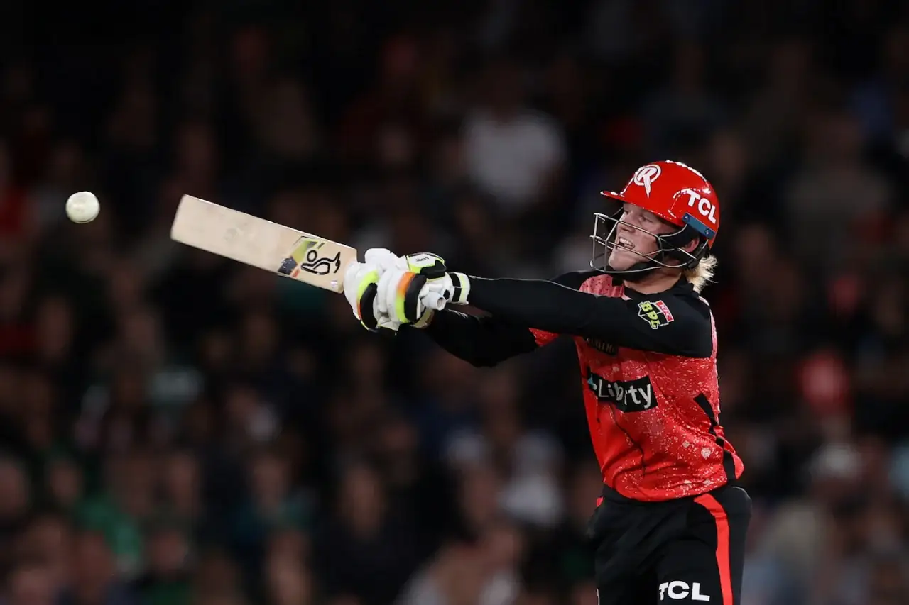 Jake Fraser-McGurk playing a shot for Melbourne Renegades in Big Bash League 2024/25