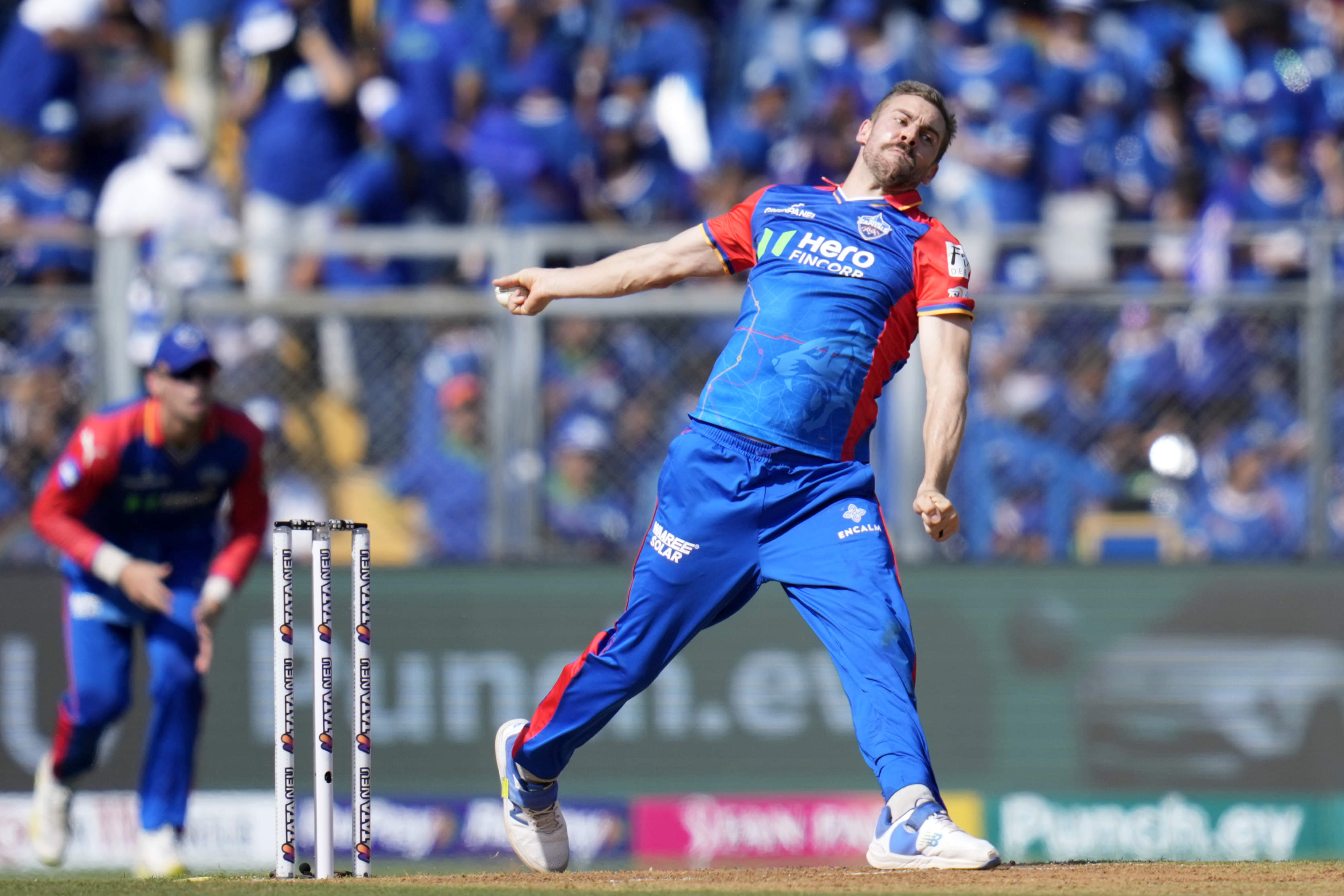 Anrich Nortje of Delhi Capitals bowls in Indian Premier League (IPL)