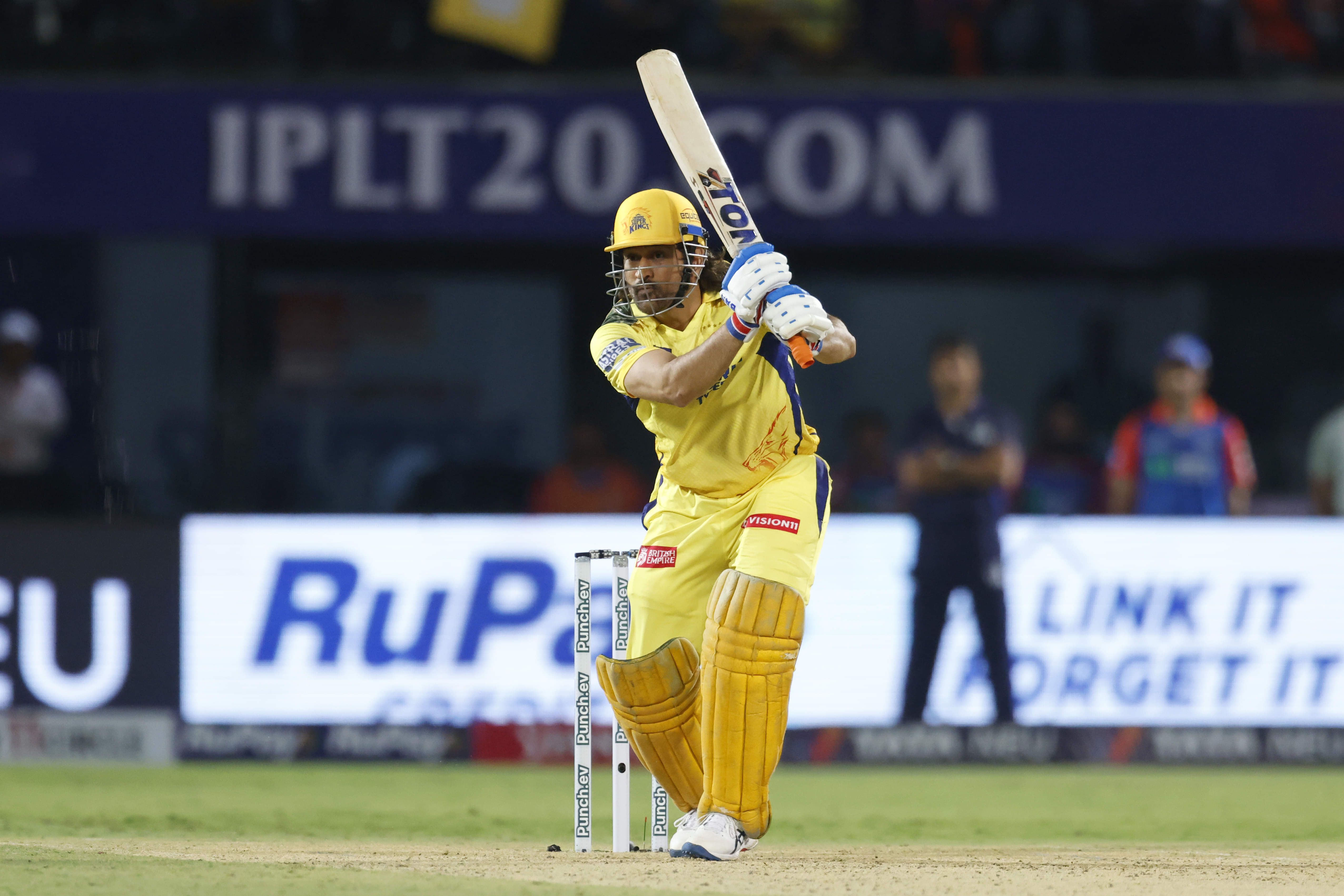 MS Dhoni plays a straight drive during IPL 2024