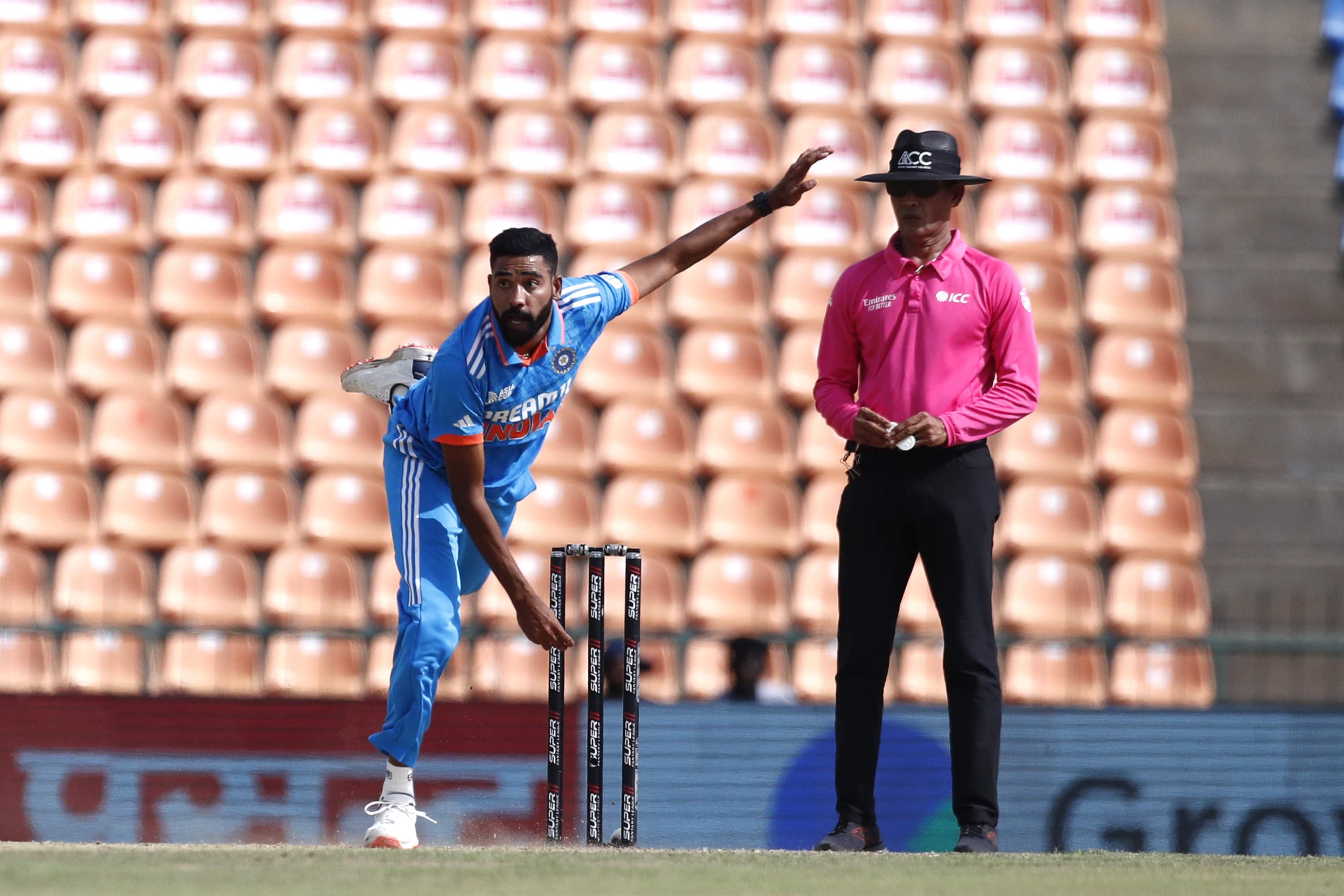 India's Mohammed Siraj bowls a ball