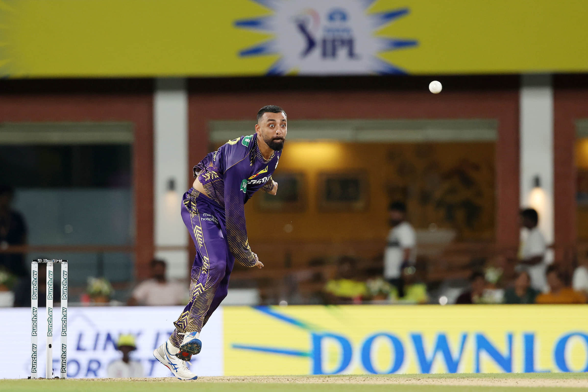 Varun Chakravarthy bowls for Kolkata Knight Riders in the Indian Premier League  