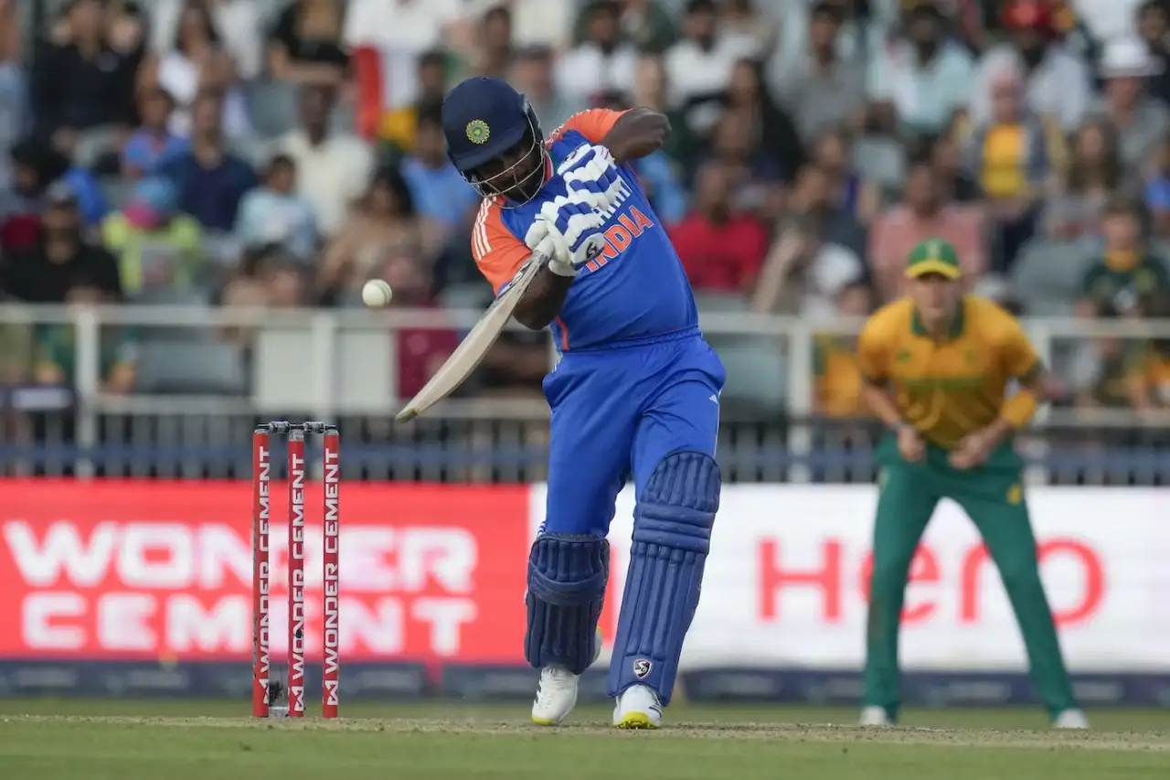 Sanju Samson playing a lofted shot