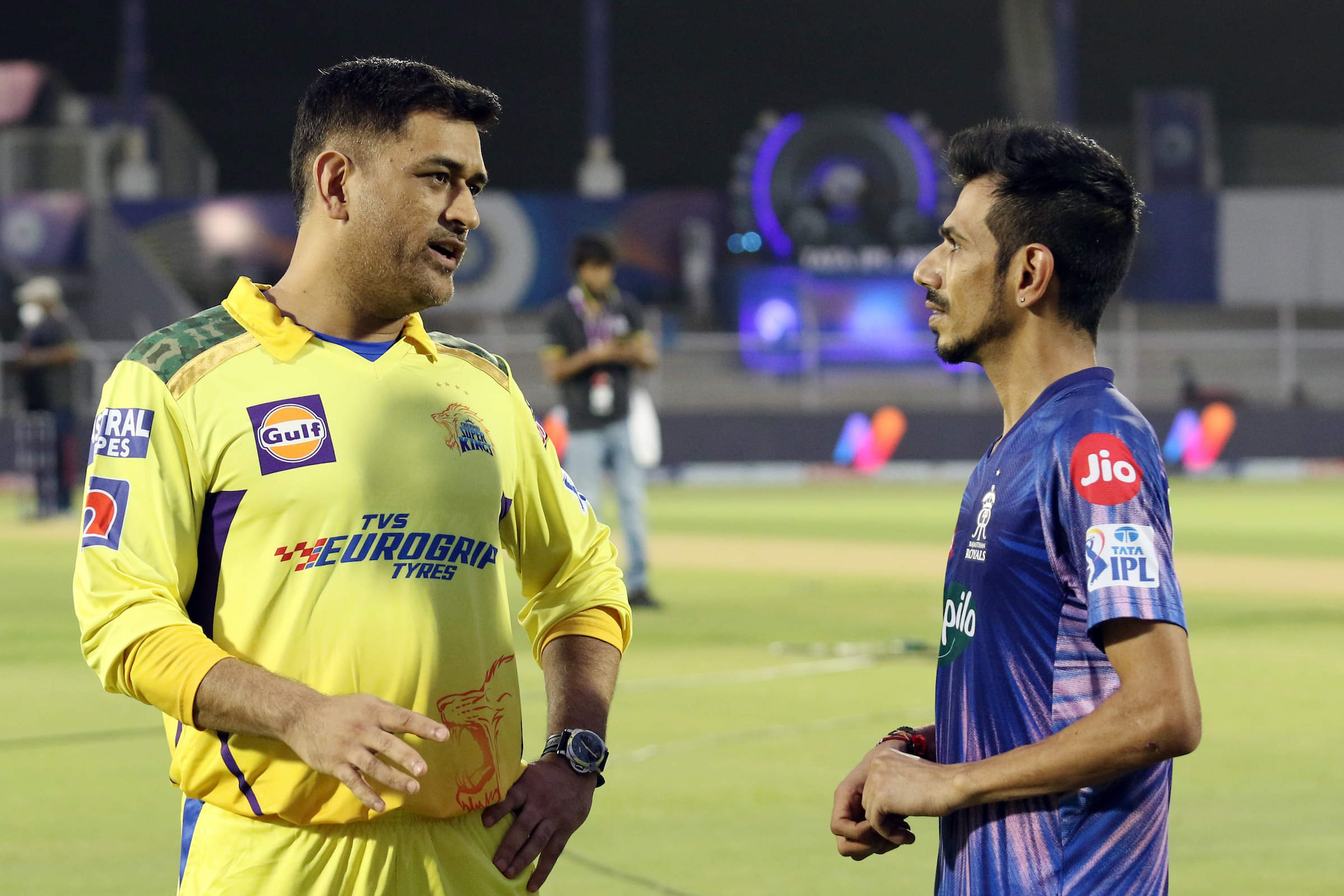 CSK's MS Dhoni chatting with then Rajasthan Royals' Yuzvendra Chahal
