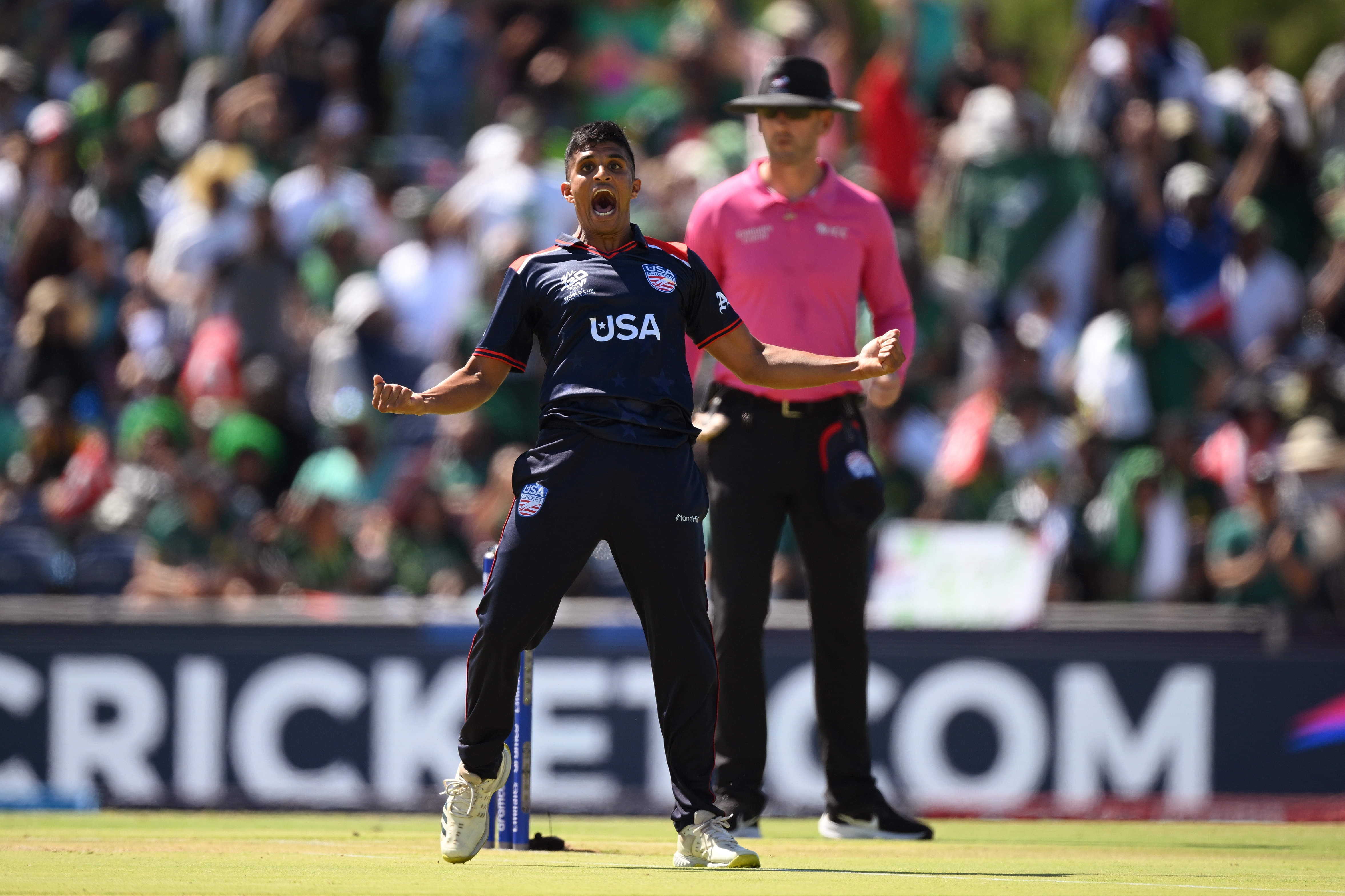 Nosthush Kenjige of USA celebrates a wicket in T20 World Cup 2024