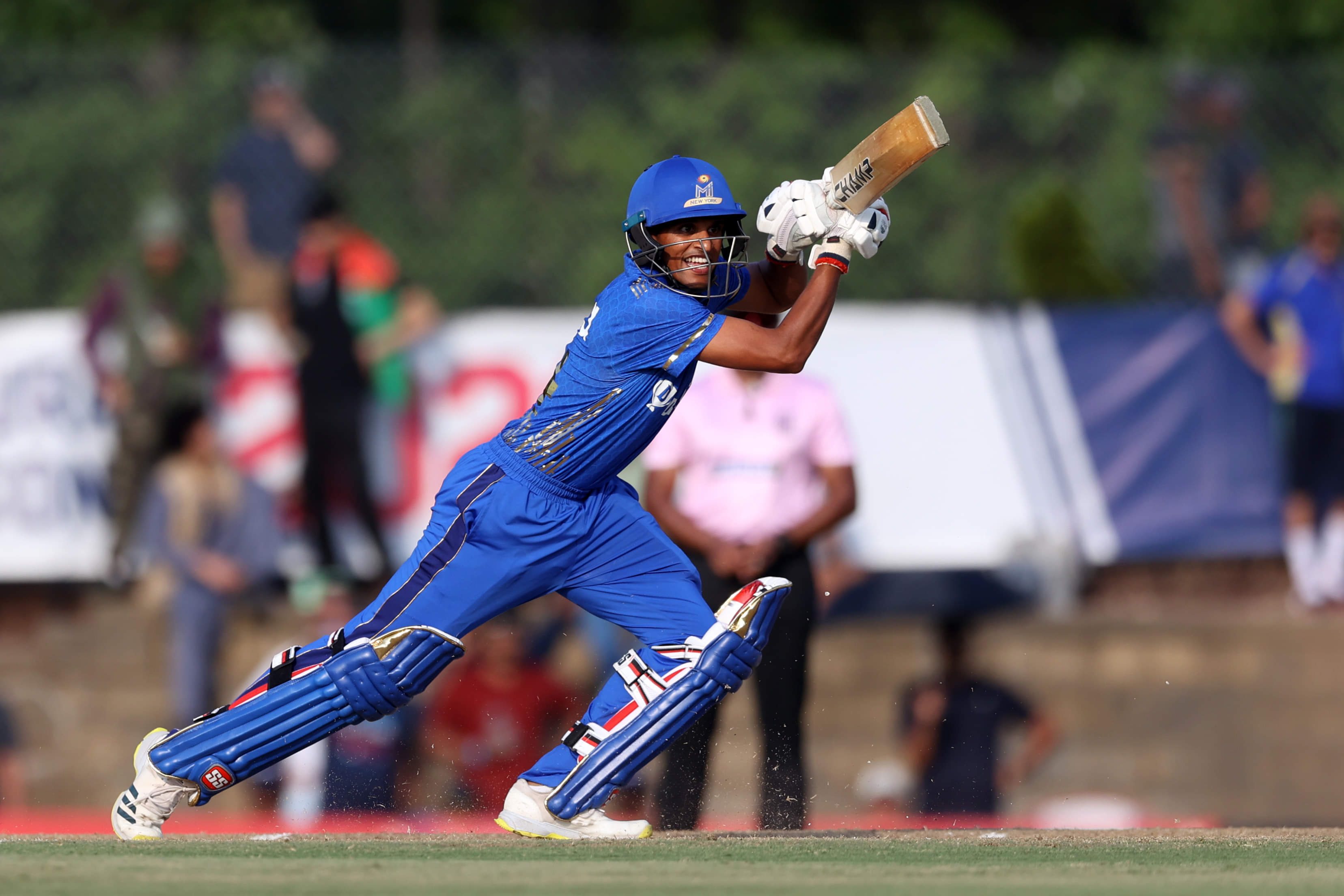 Nosthush Kenjige of MI New York plays a shot in MLC