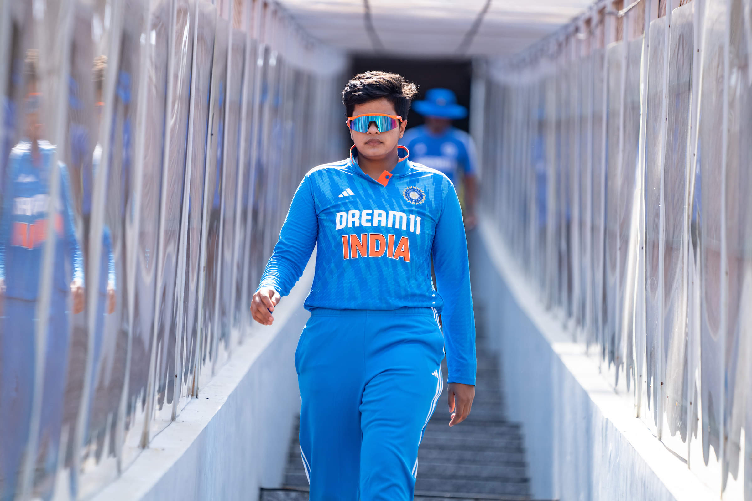 Shafali Verma walks down the stairs in the clash against New Zealand in ODIs