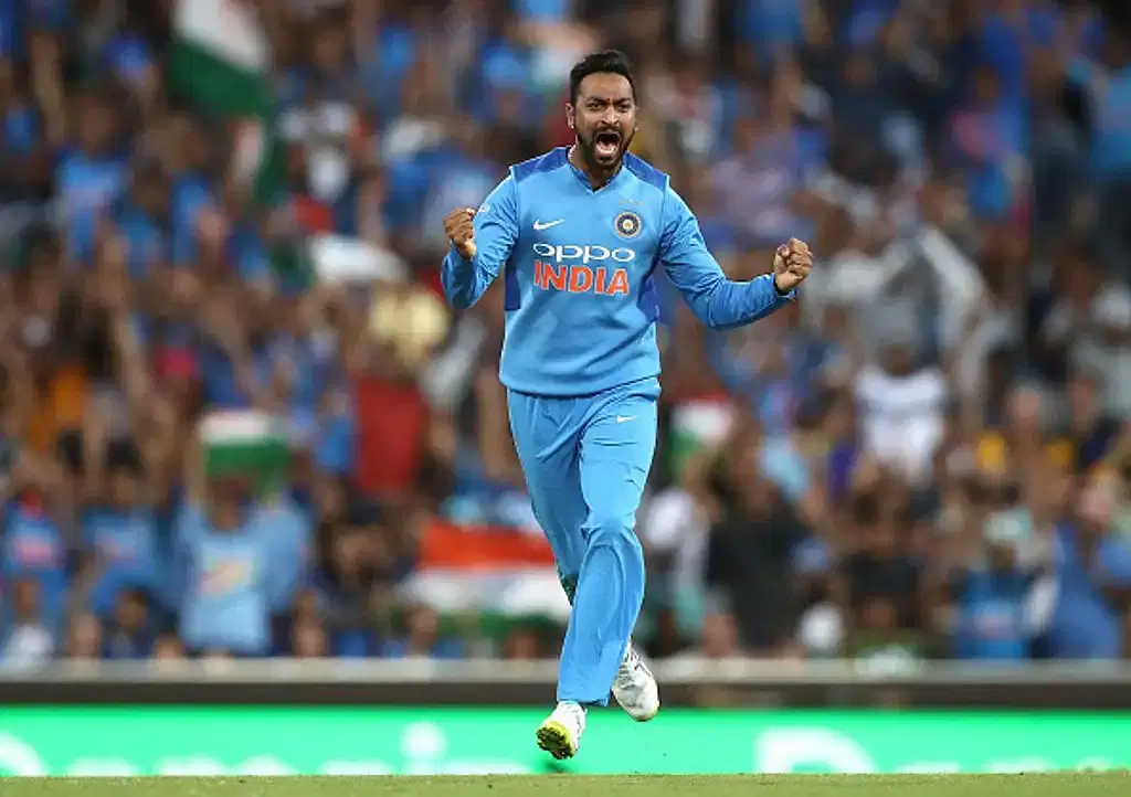 Krunal Pandya celebrates a wicket for India