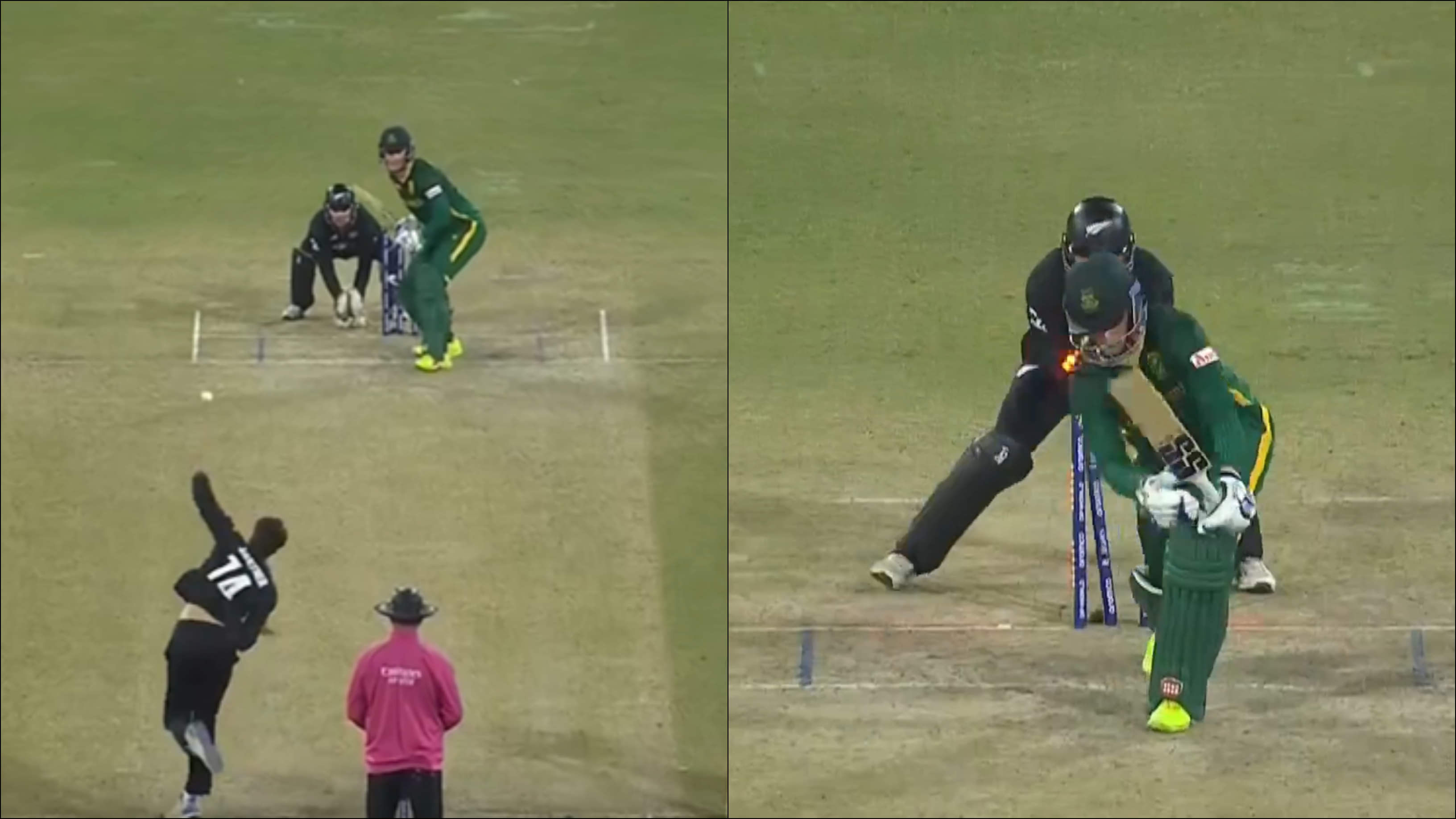 Mitchell Santner bowling Rassie van der Dussen in second semi-final