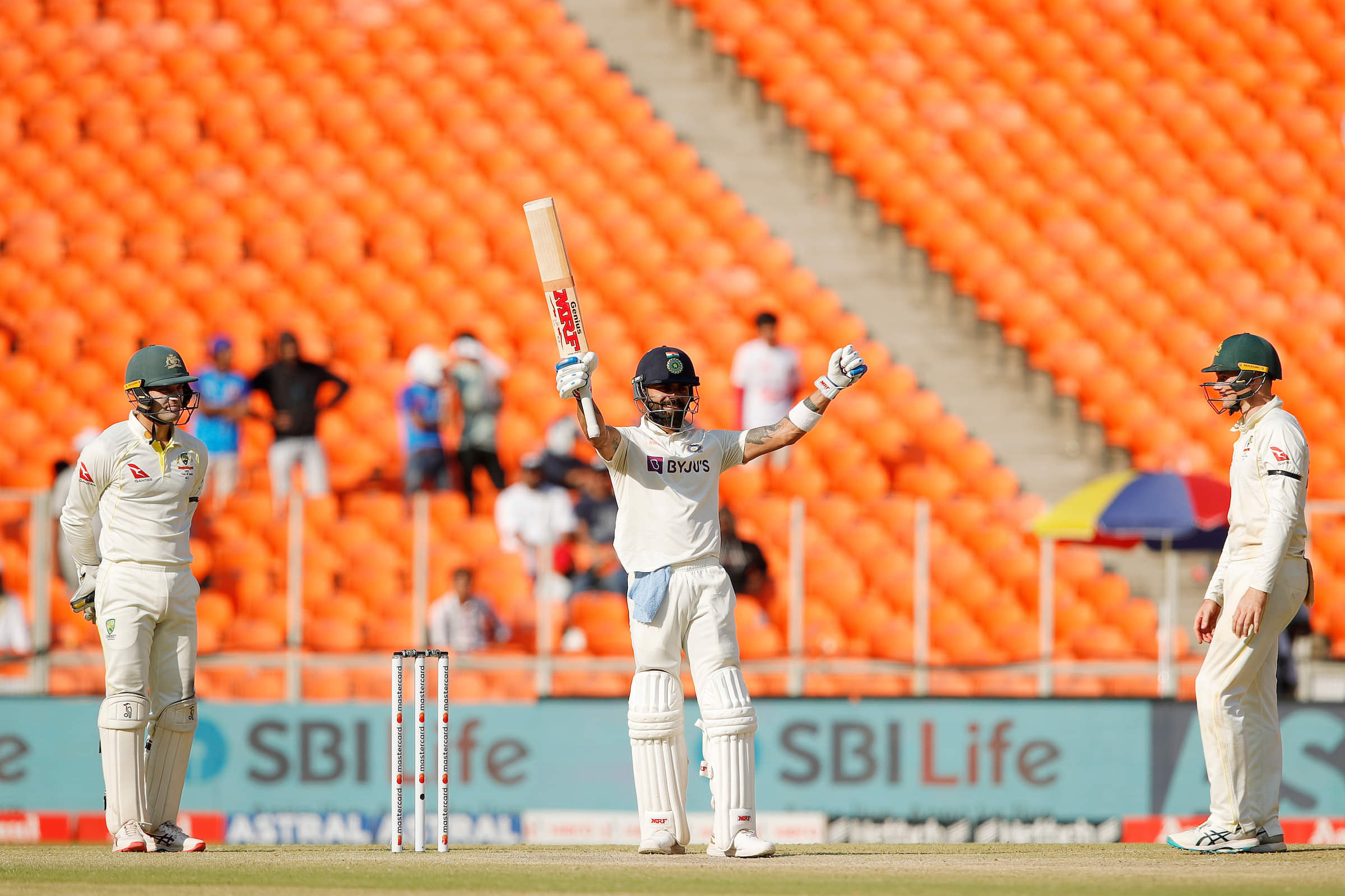 Virat Kohli celebrating a hundred after a long time against Australia in Ahmedabad