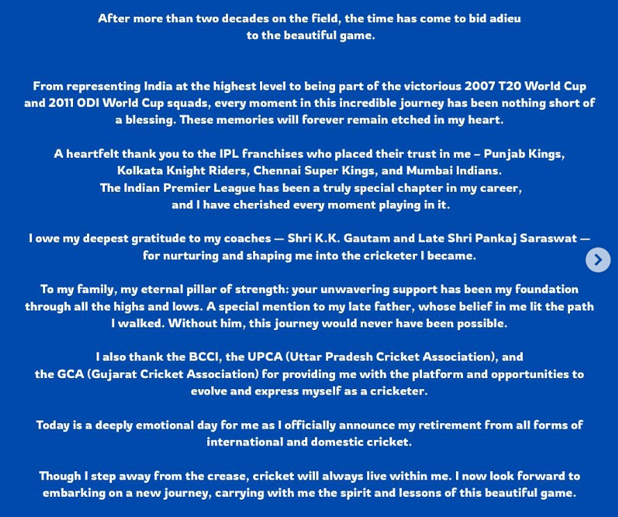 Piyush Chawla's retirement note