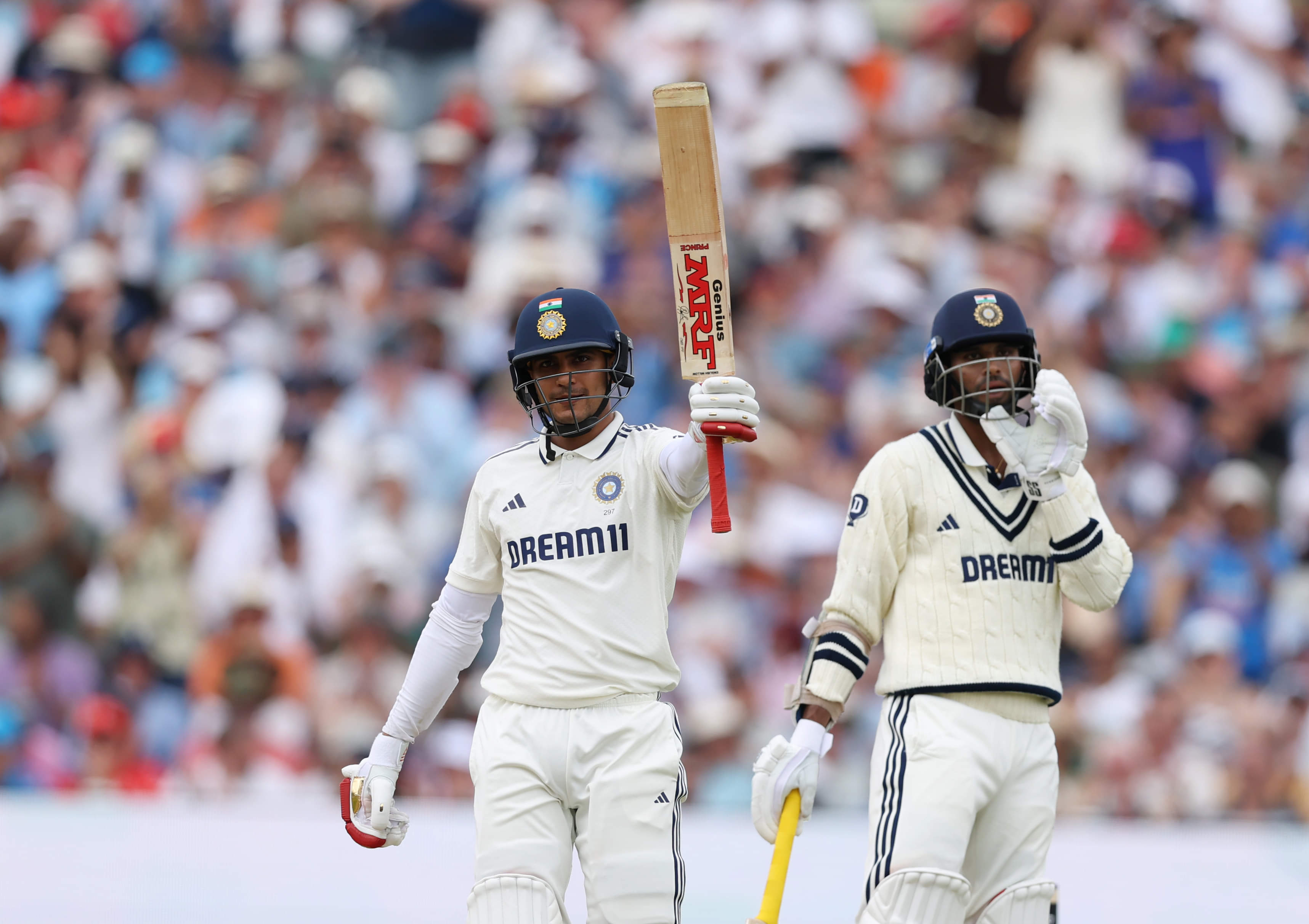 Shubman Gill raises his bat after 250 vs England