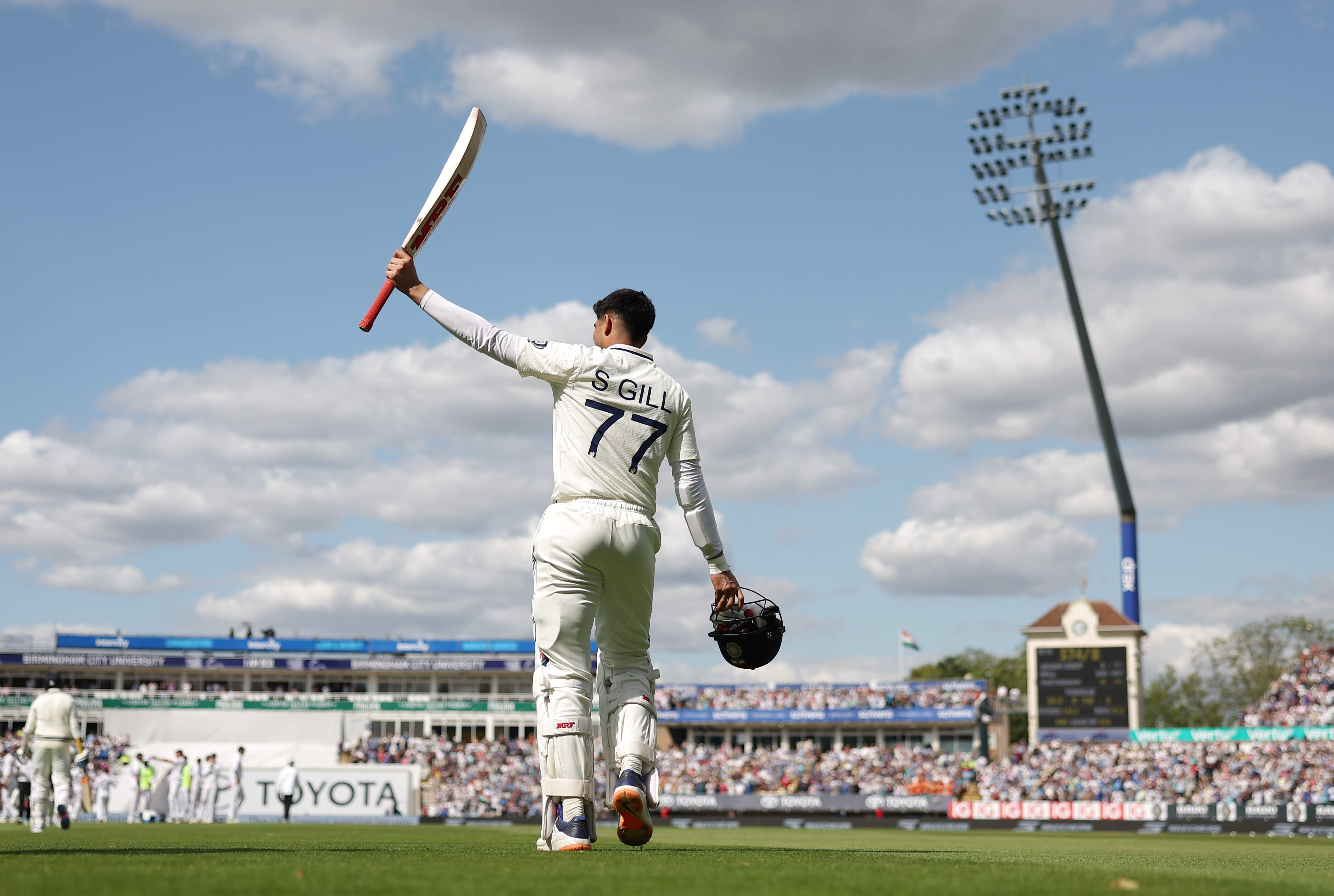 Shubman Gill raises his bat after a stellar 269 against England in Birmingham