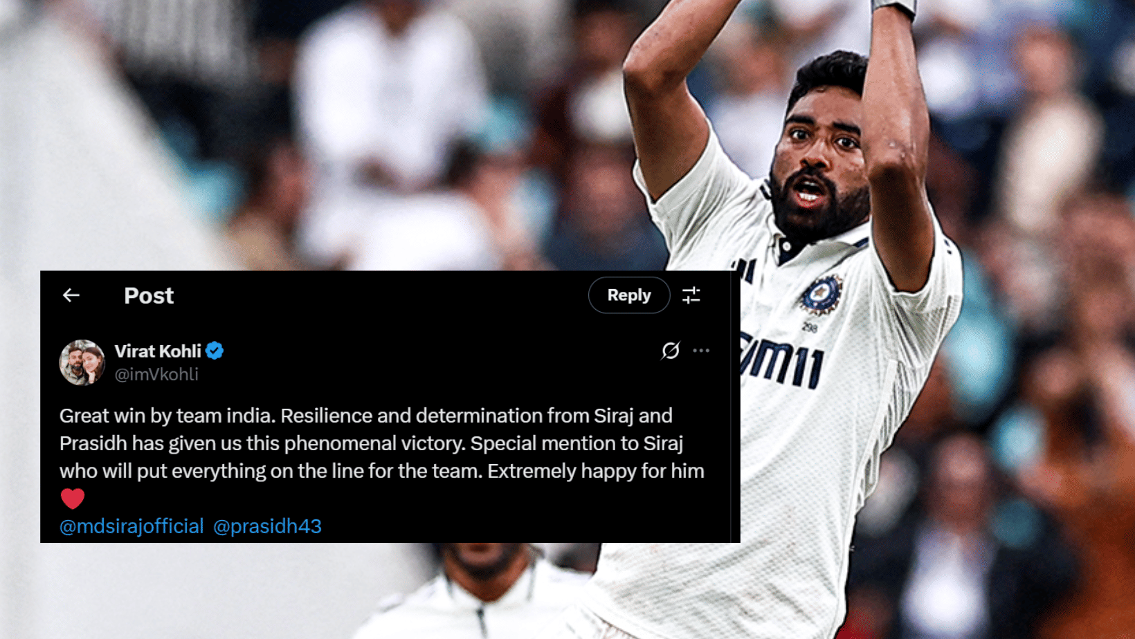 भारत की जीत के बाद विराट कोहली ने सोशल मीडिया पर दी मोहम्मद सिराज को बधाई