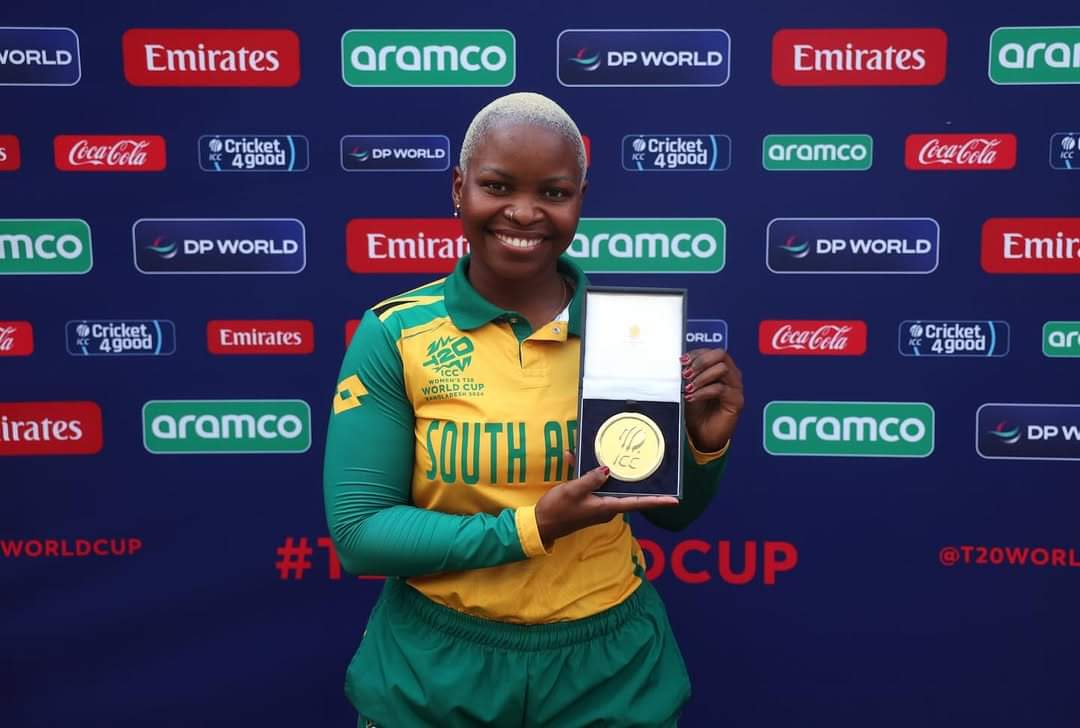 Mlaba with the Player of the Match award during 2024 T20 World Cup